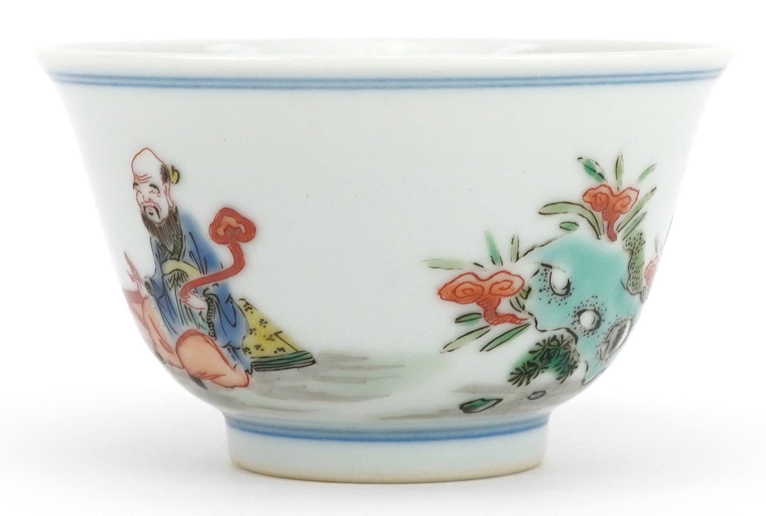 Chinese doucai porcelain tea bowl hand painted in the famille rose palette with an emperor, - Image 2 of 7