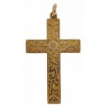 9ct gold cross pendant engraved with flowers and foliage, 4.2cm high, 5.0g : For further information