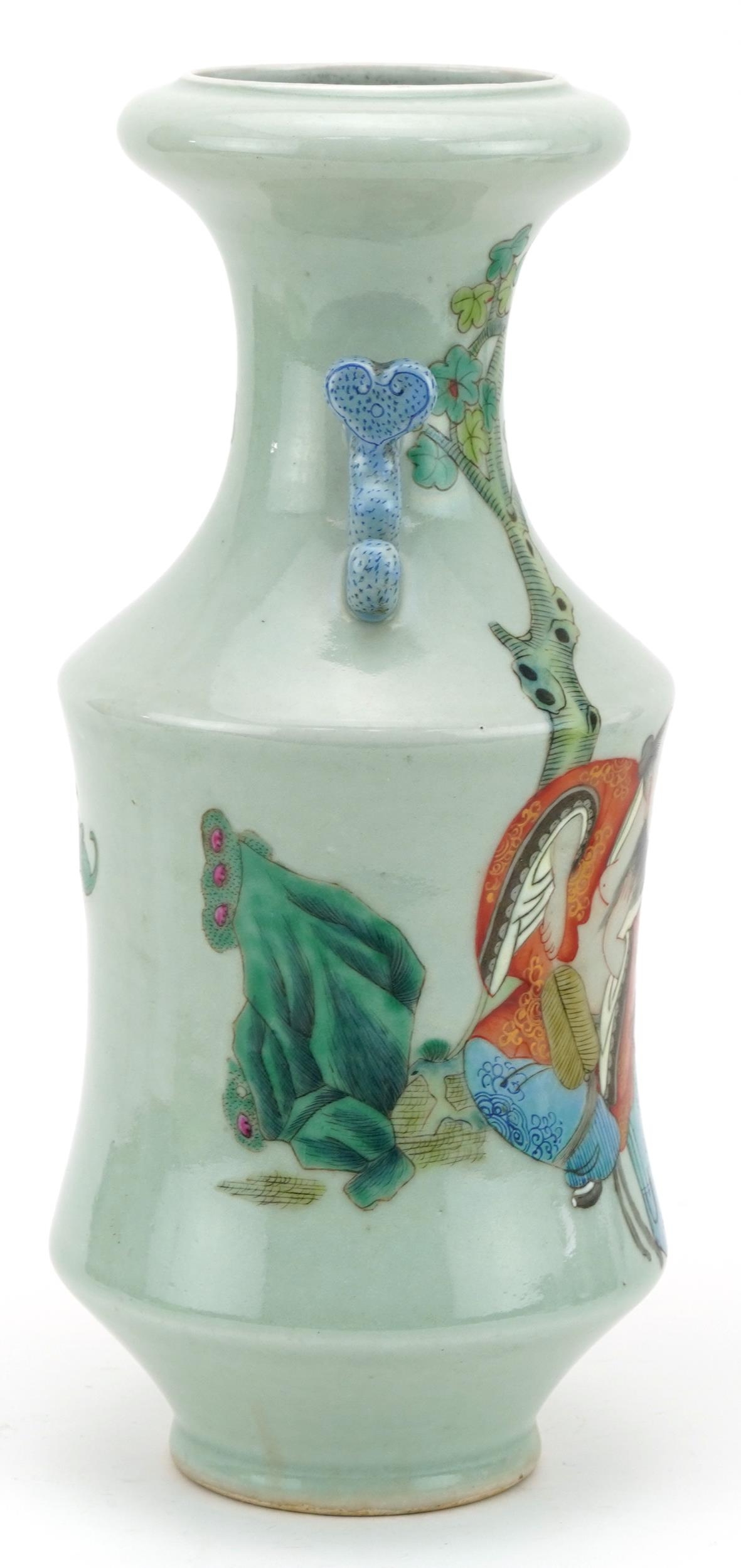 Chinese Canton celadon glazed vase with ruyi handles hand painted in the famille rose palette with - Image 4 of 6
