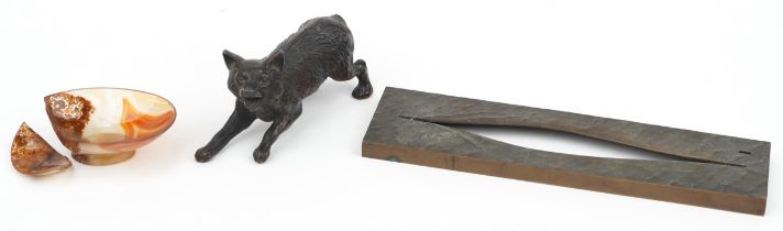 Sundry items including a Japanese patinated spelter dog and agate dish, the largest 24.5cm high :