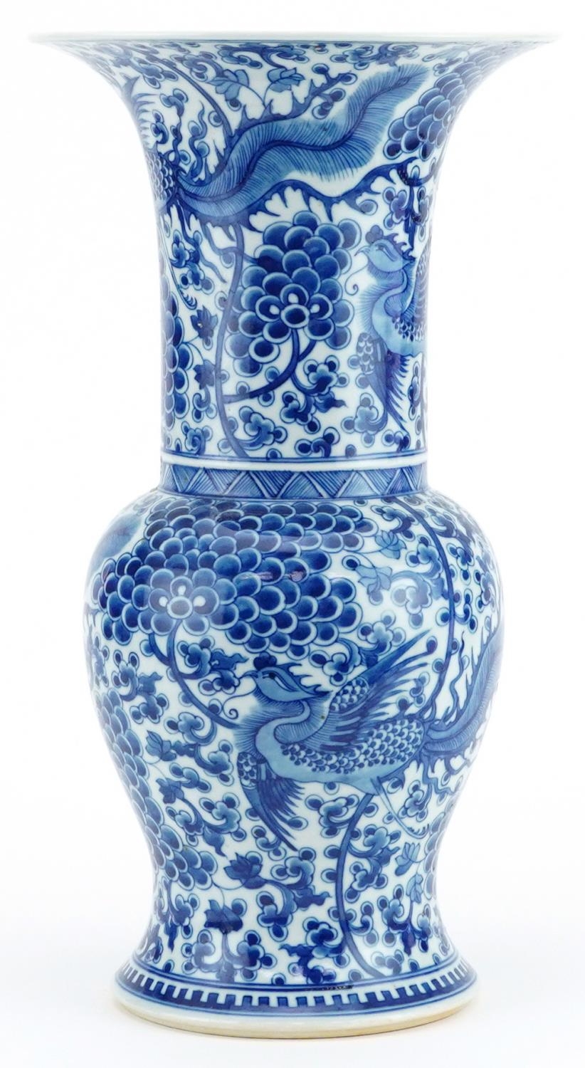 Chinese blue and white porcelain Yen Yen vase hand painted with phoenixes amongst flowers, six - Image 3 of 7