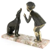 Art Deco spelter young child with dog mounted on a marble base, 33cm wide : For further