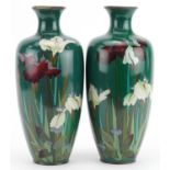 Large pair of Japanese cloisonne vases enamelled with iris, each 31cm high : For further information