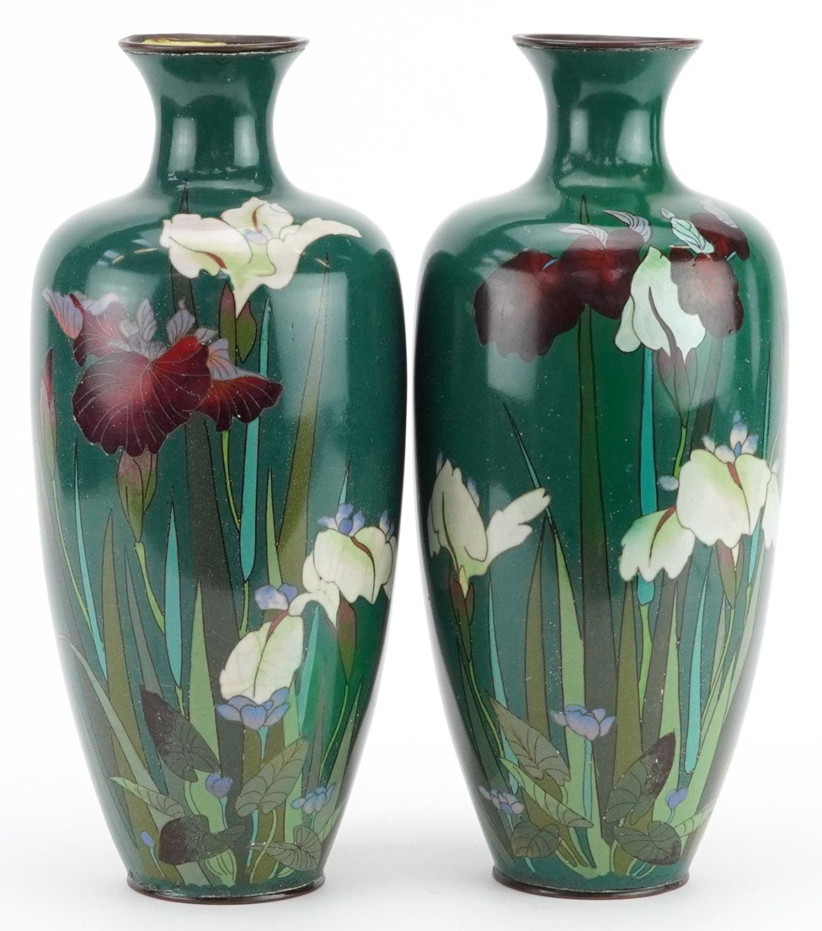 Large pair of Japanese cloisonne vases enamelled with iris, each 31cm high : For further information