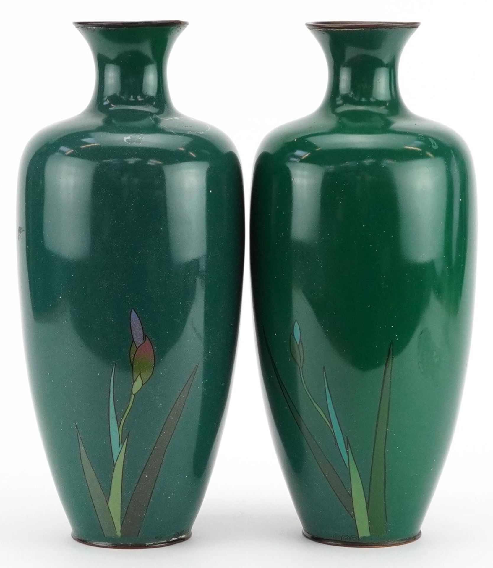 Large pair of Japanese cloisonne vases enamelled with iris, each 31cm high : For further information - Image 3 of 6
