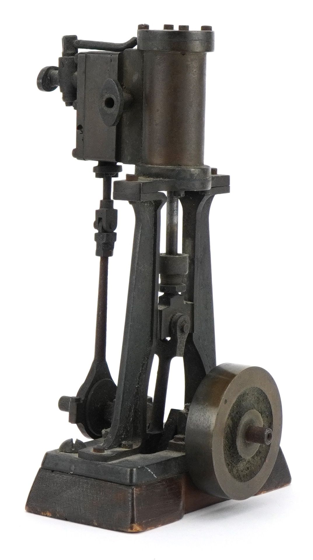 Early 20th century steam interest piston on wooden block base, 18.5cm wide : For further information