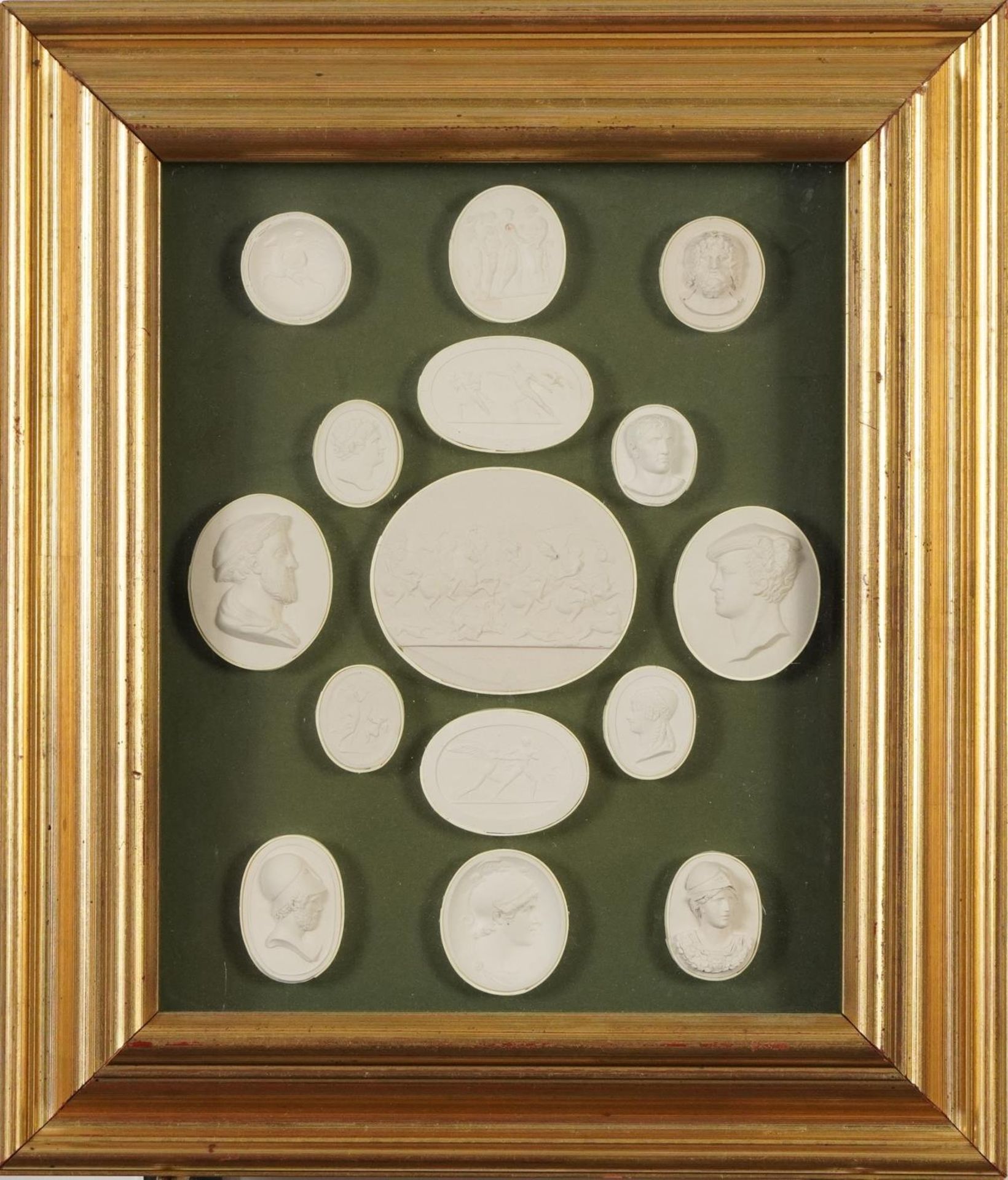 Fifteen Grand Tour plaster cameos arranged in a framed, glazed display including one entitled - Image 2 of 3