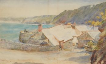 H Shewbrooks 1901 - Cottages beside water, Cornish school watercolour, mounted, framed and glazed,