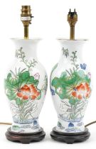 Pair of Chinese porcelain vase table lamps hand painted with storks and flowers, 37cm high : For