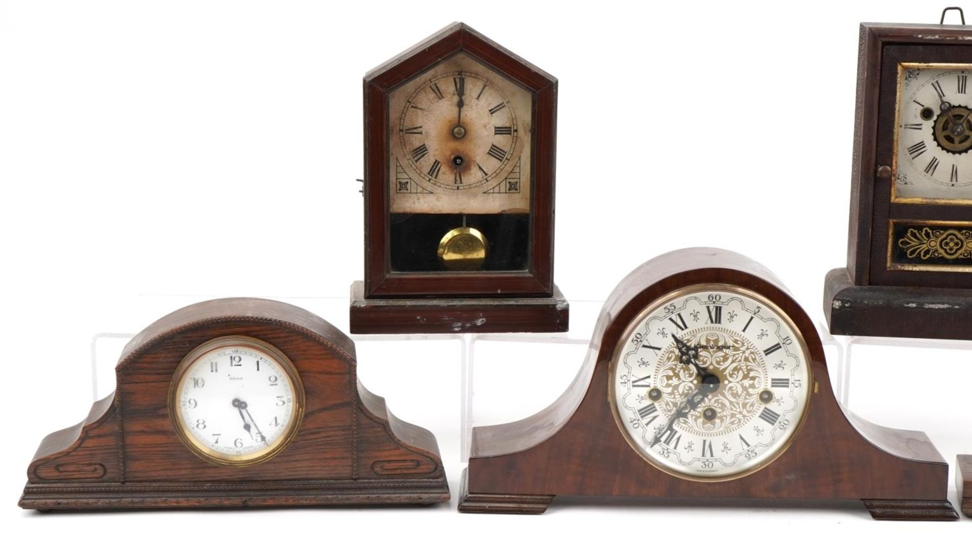 Five oak and mahogany mantle clocks including Smith Lever and Kieninger, the largest 36cm wide : For - Image 2 of 5