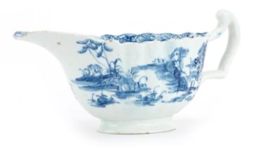18th century Bow pearlware blue and white sauceboat, circa 1758, hand painted in the chinoiserie