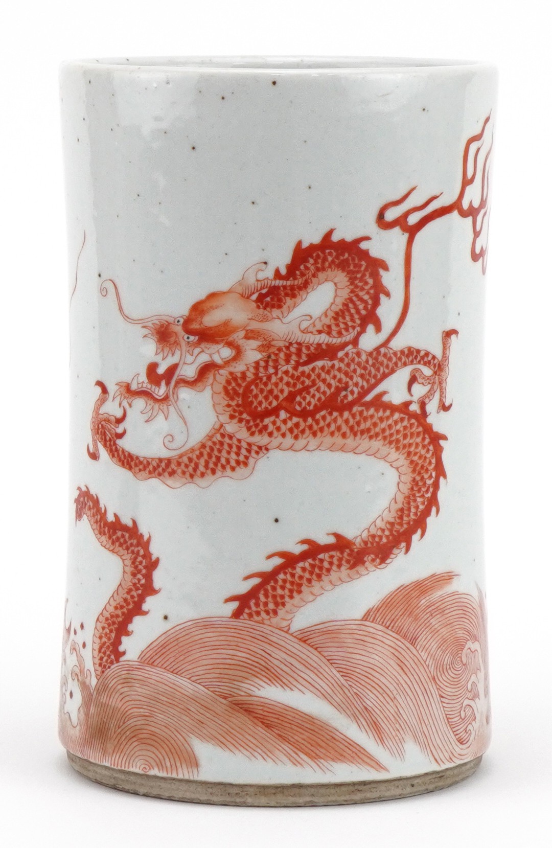 Chinese porcelain vase with waisted body hand painted in iron red with a dragon and fish amongst