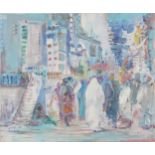 Thaer - Figures outside a building, Islamic school oil on canvas, unframed, 61cm x 50cm : For