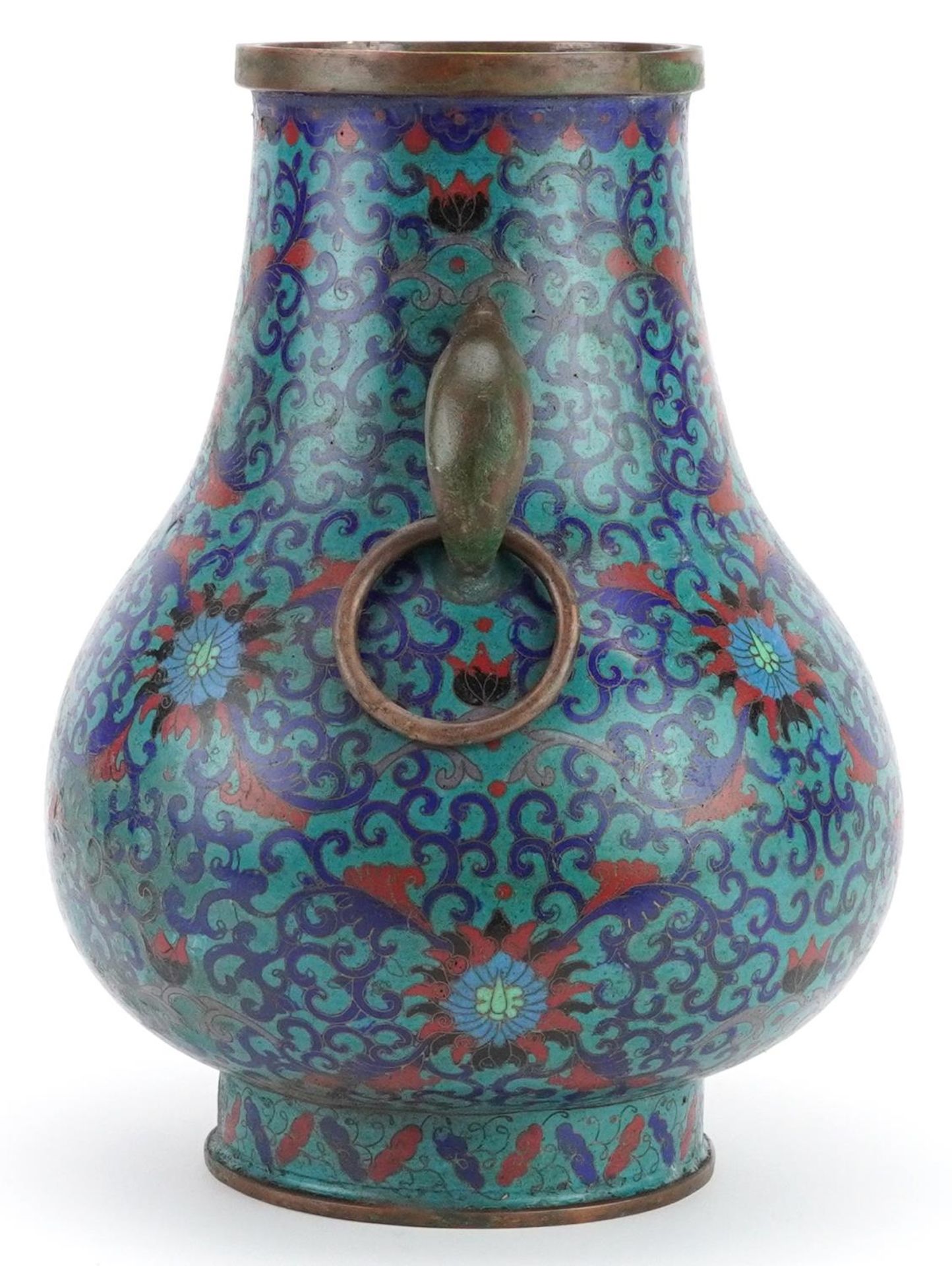 Chinese cloisonne vase with ring turned handles enamelled with flower heads amongst scrolling - Image 2 of 7
