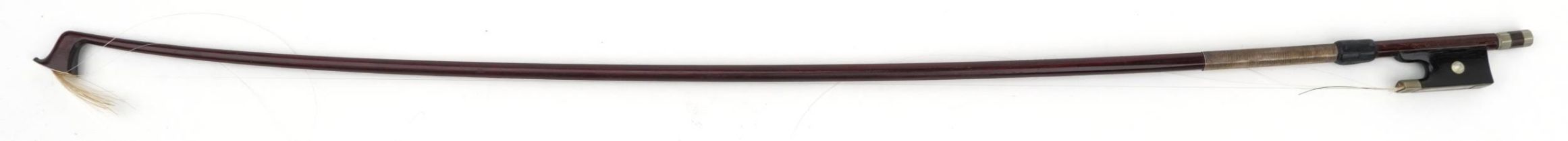 Old wooden violin bow with mother of pearl frog and impressed R Metzner, 74cm in length : For