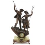 After Ernest Rancoulet, large patinated spelter figural clock in the form of two farmers entitled
