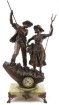 After Ernest Rancoulet, large patinated spelter figural clock in the form of two farmers entitled