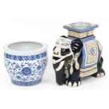 Chinese porcelain garden seat in the form of an elephant and blue and white jardiniere decorated