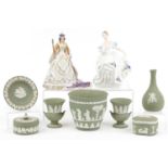 Collectable china including Royal Doulton Beatrice figurine, green Wedgwood Jasperware and a