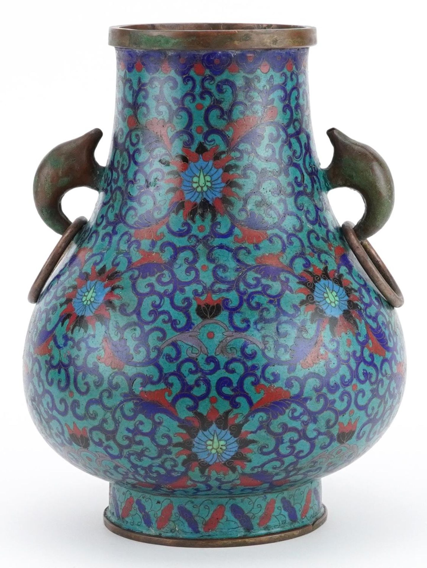 Chinese cloisonne vase with ring turned handles enamelled with flower heads amongst scrolling - Image 3 of 7