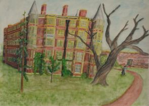 Figure before building, surreal school watercolour, mounted, framed and glazed, 83cm x 59cm