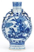 Chinese blue and white porcelain moon flask with twin handles hand painted with warriors on