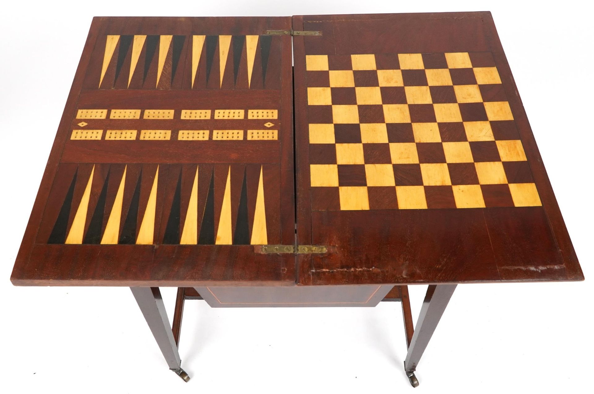 Edwardian inlaid mahogany folding games table on tapering legs with chess, backgammon and cribbage - Image 2 of 7