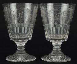 Pair of 19th century cut glass goblets engraved with leaves and berries, each 14cm high : For