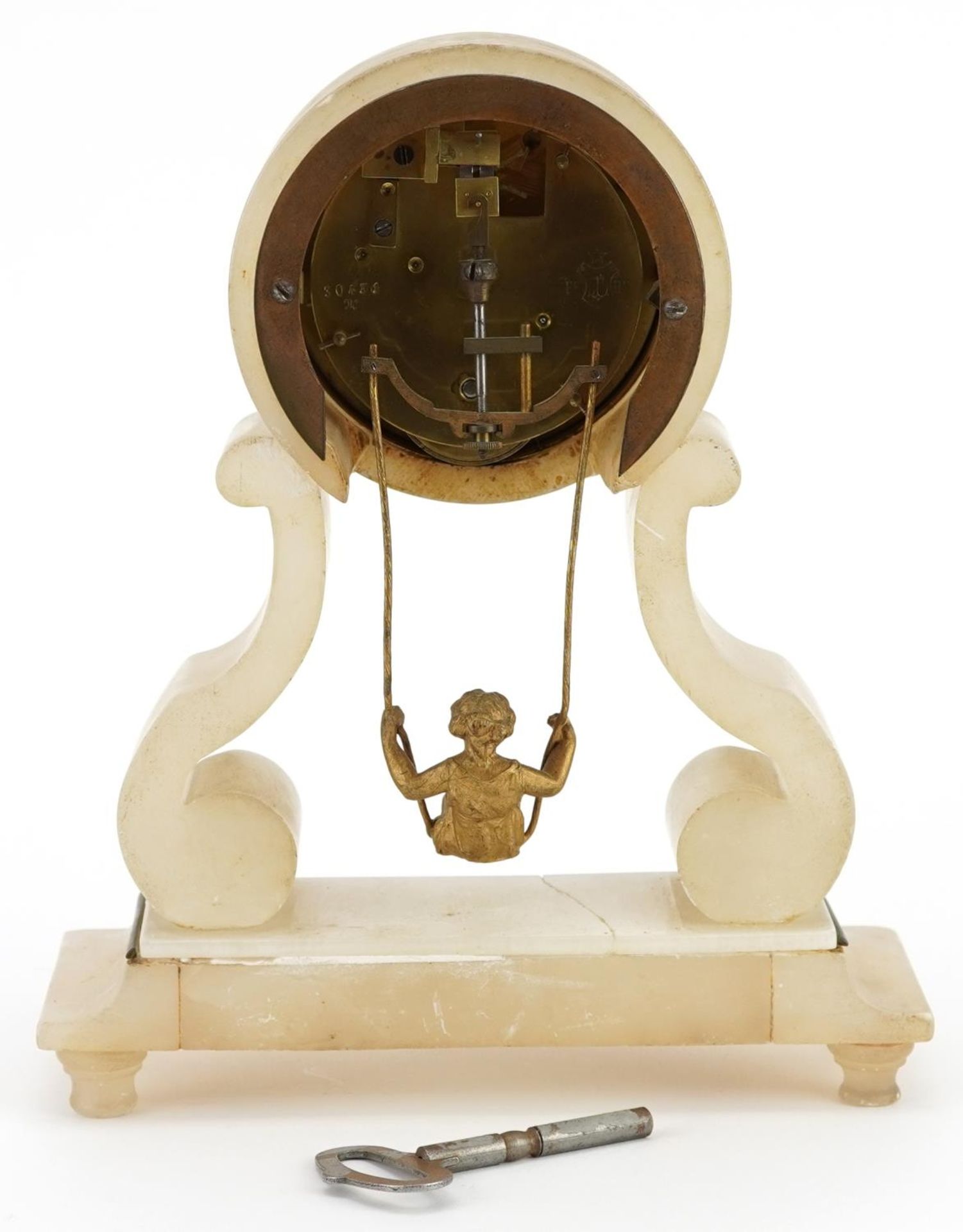 19th century French Girl in a Swing onyx mantle clock with blue enamelled dial and Roman numerals, - Bild 3 aus 4