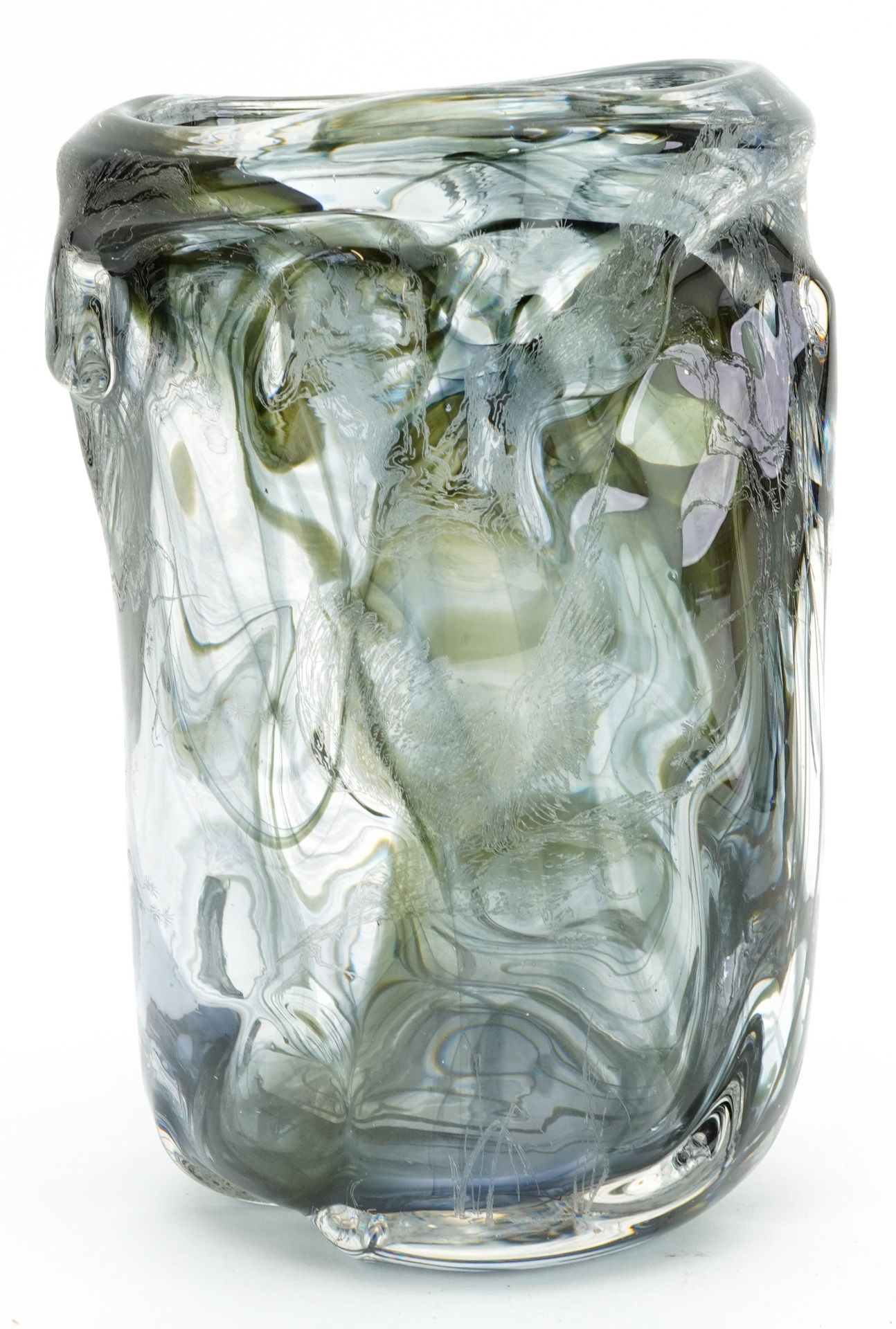 Large knobbly clear glass vase with an etched kingfisher catching a toad pattern, possibly by Sklo & - Image 2 of 3