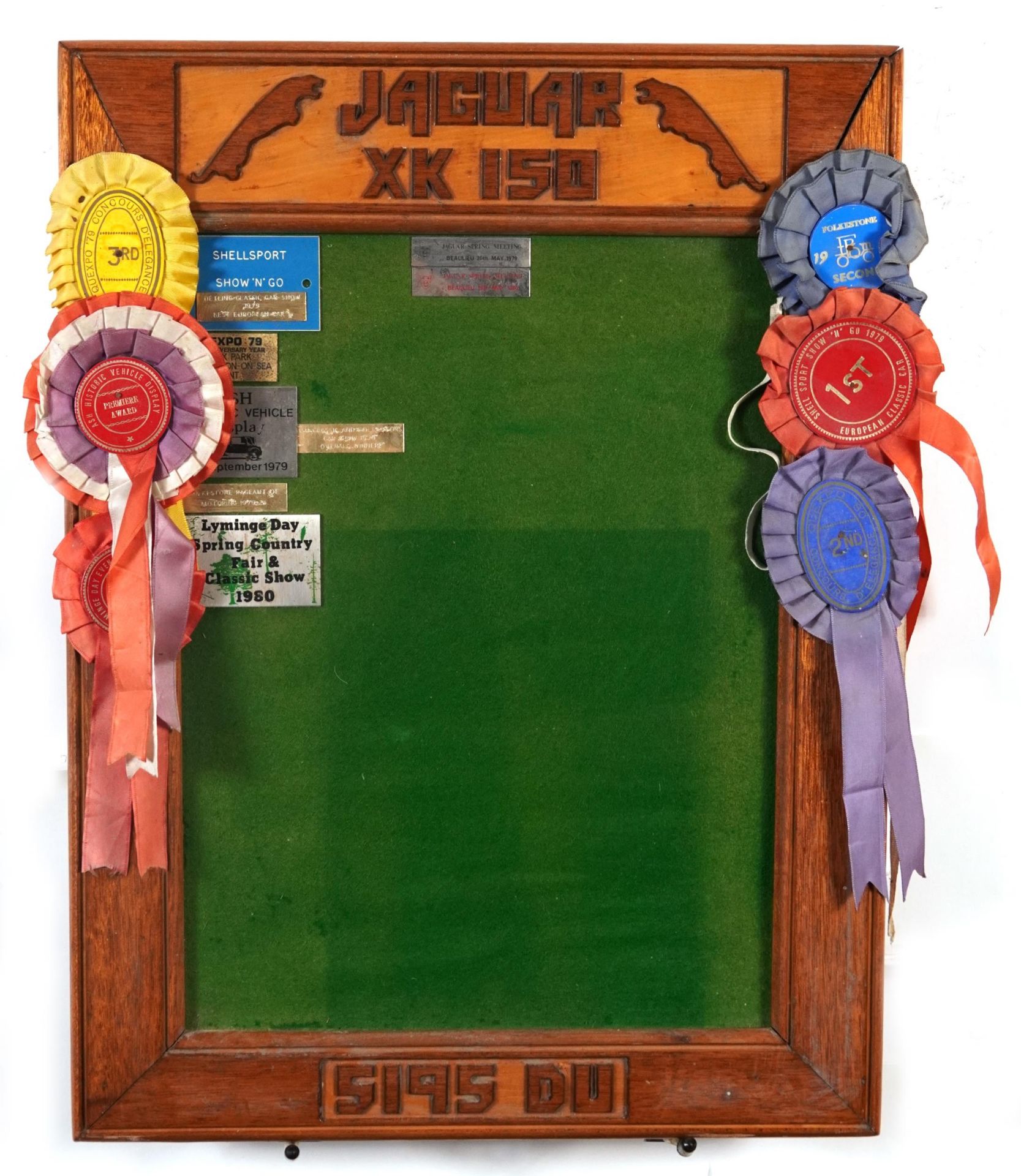 Jaguar XK150 car rally display board with rosettes and plaques, 60cm x 45cm : For further