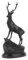 After Joules Moigniez, large patinated bronze stag raised on oval marble base, 74cm high : For