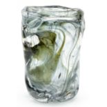 Large knobbly clear glass vase with an etched kingfisher catching a toad pattern, possibly by Sklo &