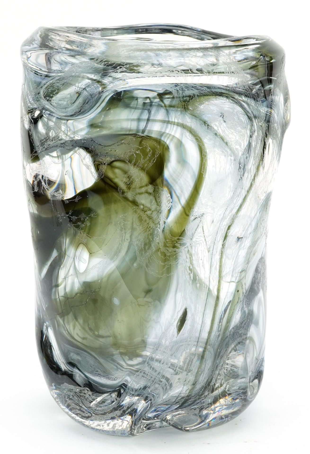 Large knobbly clear glass vase with an etched kingfisher catching a toad pattern, possibly by Sklo &