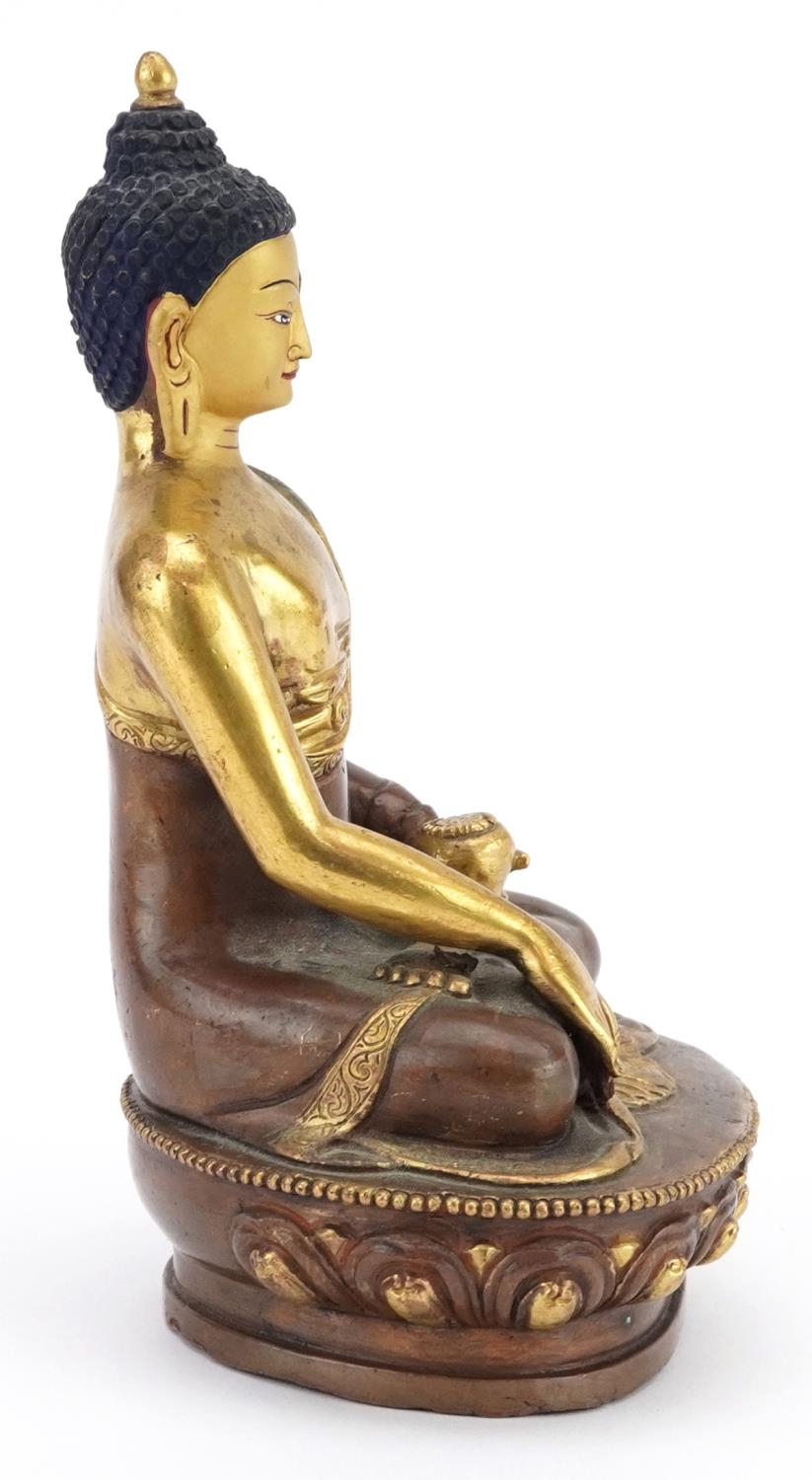 Chino Tibetan partially gilt bronze figure of seated Buddha, 20cm high : For further information - Image 4 of 7