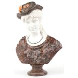 Large classical rouge marble and alabaster bust of a female, 63cm high : For further information