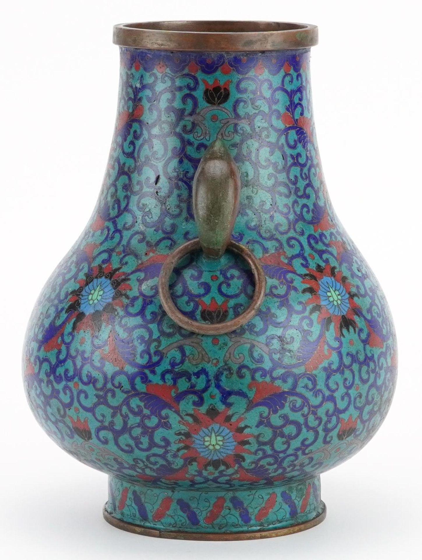Chinese cloisonne vase with ring turned handles enamelled with flower heads amongst scrolling - Image 4 of 7