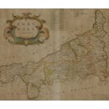 Robert Morden - Hand coloured 18th century map of Cornwall, framed and glazed, 47cm x 42cm excluding