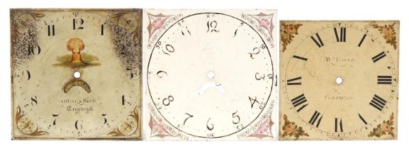 Three 19th century grandfather clock faces including an example with subsidiary dial inscribed Olive