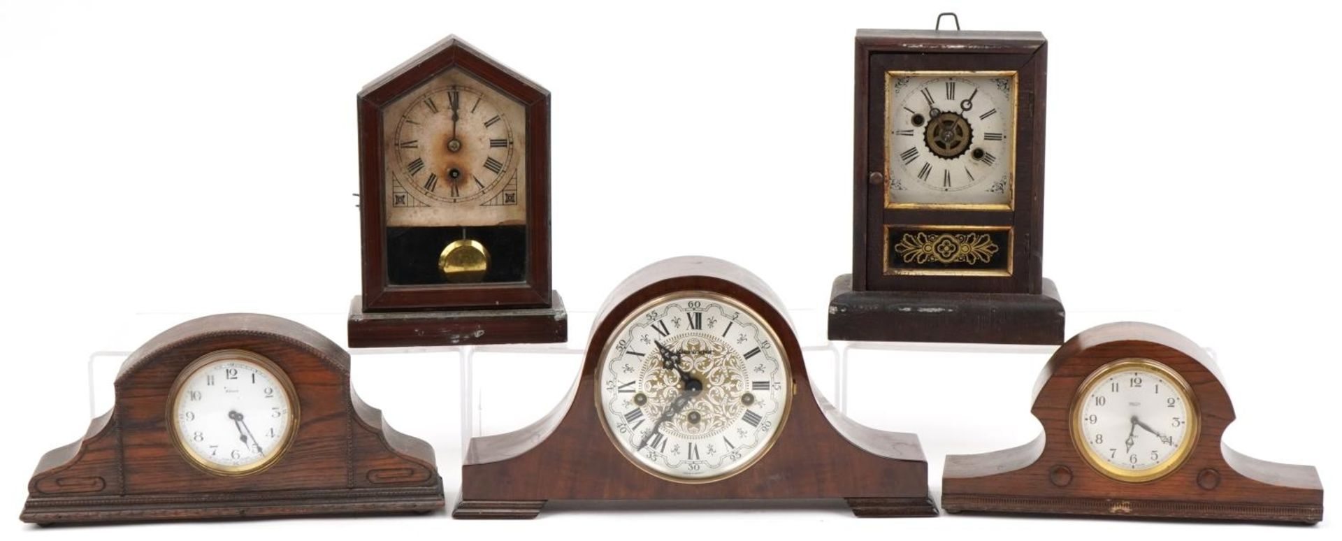 Five oak and mahogany mantle clocks including Smith Lever and Kieninger, the largest 36cm wide : For