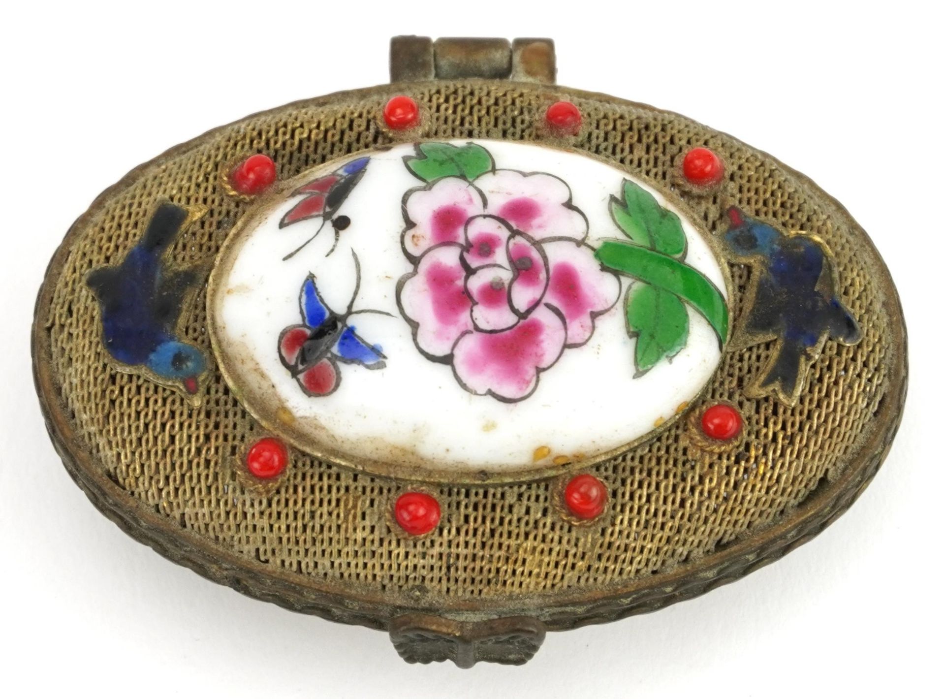 Chinese Canton bronzed filigree trinket box enamelled with flowers, having two inset porcelain - Image 2 of 4