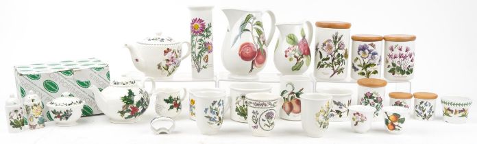 Portmeirion Botanic Garden teaware and storage jars including teapot, jugs and vases, the largest