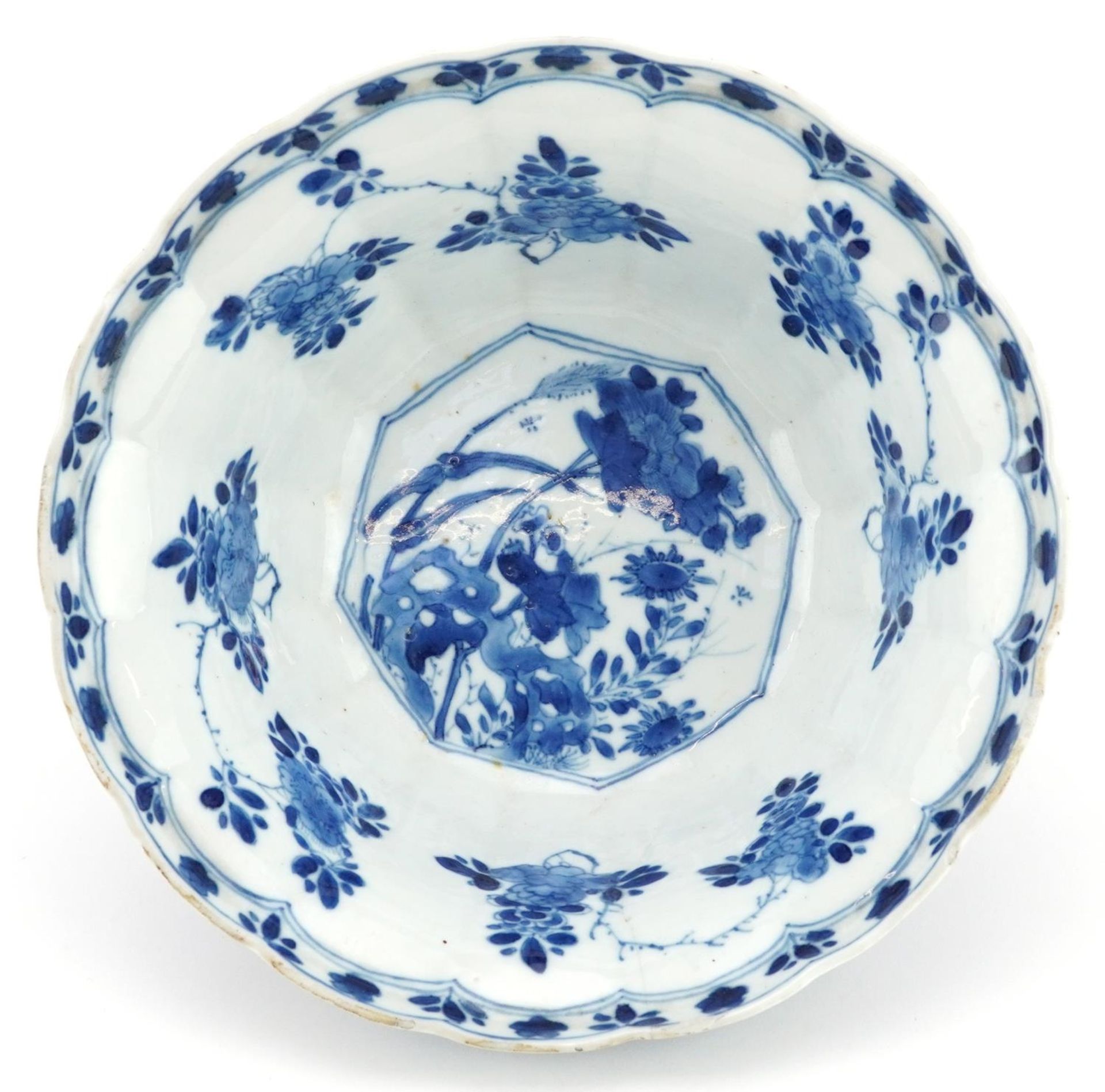 Chinese blue and white porcelain bowl hand painted with panels of flowers, six figure character - Image 5 of 6
