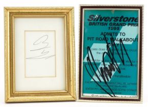 Two Formula 1 interest ink autographs comprising Damian Hill and Ross Brawn, including one onto