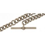 White metal watch chain with T bar, 28cm in length, 26.0g : For further information on this lot