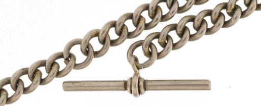 White metal watch chain with T bar, 28cm in length, 26.0g : For further information on this lot