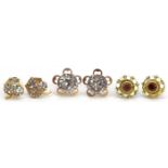 Three pairs of 9ct gold earrings set with colourful stones, the largest 9.5mm in diameter, total 3.