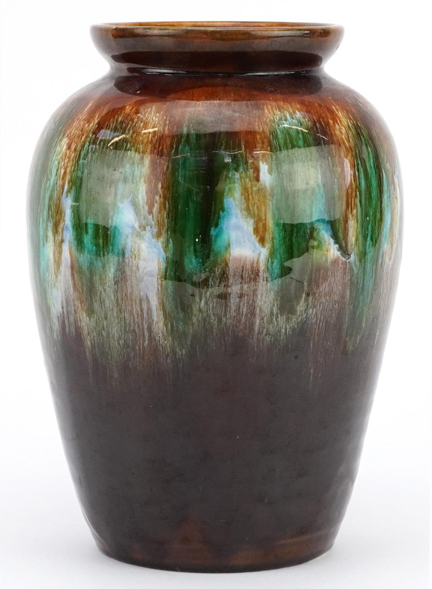 Austrian Arts & Crafts vase having a mottled brown and green glaze with Steatit Osterr Edelkeramik