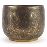 Indian brass jardiniere engraved with mythical animals amongst flowers, 20cm high x 25cm in diameter