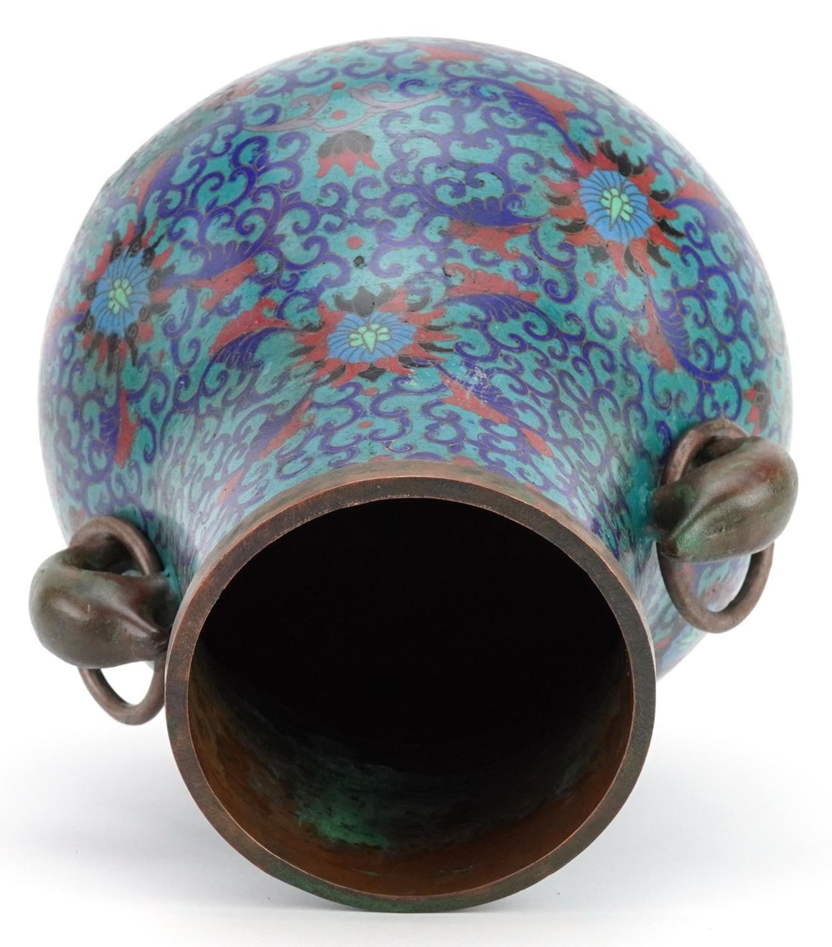 Chinese cloisonne vase with ring turned handles enamelled with flower heads amongst scrolling - Image 5 of 7
